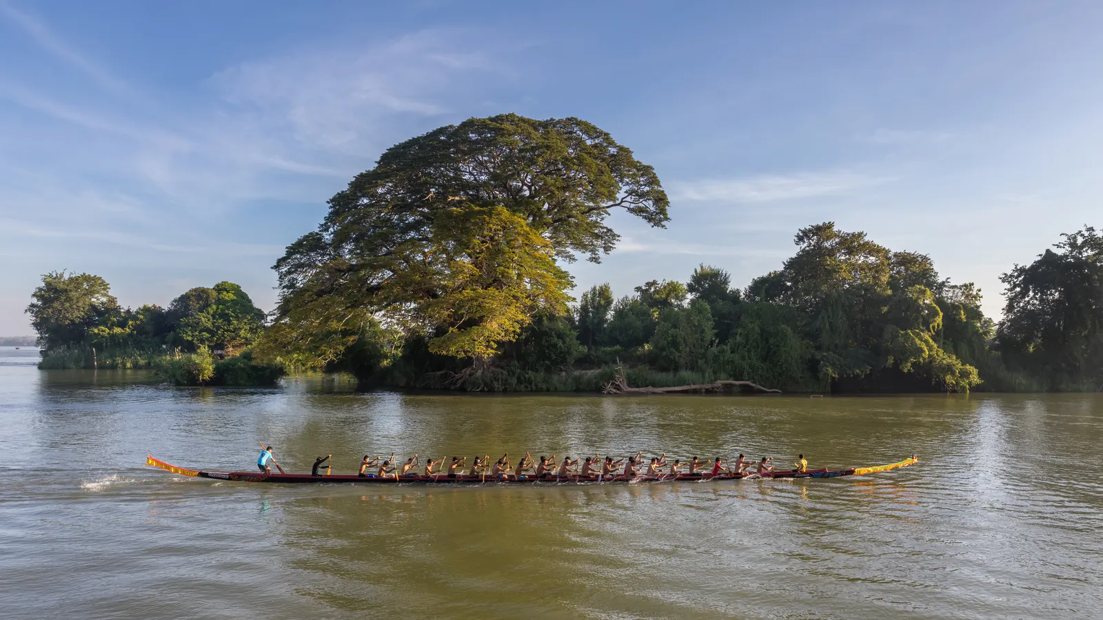 Allenamento di longboat all'ora d'oro sul Mekong Equipaggio in allenamento all'ora d'oro su una piroga da competizione nel Mekong del Laos