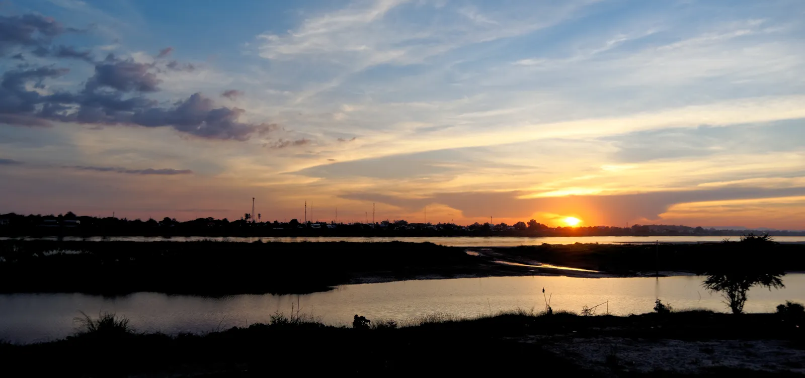 Tramonto sul fiume Mekong visto dal lungofiume di Vientiane, capitale del Laos